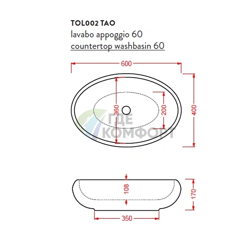 Раковина Artceram TAO накладная овальная 60х40 см цвет белый без отв под смесительитель без перелива - фото 2