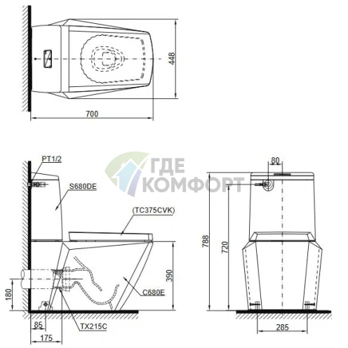 Унитаз-компакт TOTO Jewelhex CW680PB с бачком и сиденьем - фото 6
