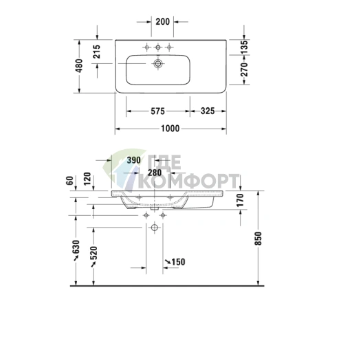 Раковина Duravit DuraStyle асимметричная без перелива с отверстием под смеситель (2325100041) - фото 2