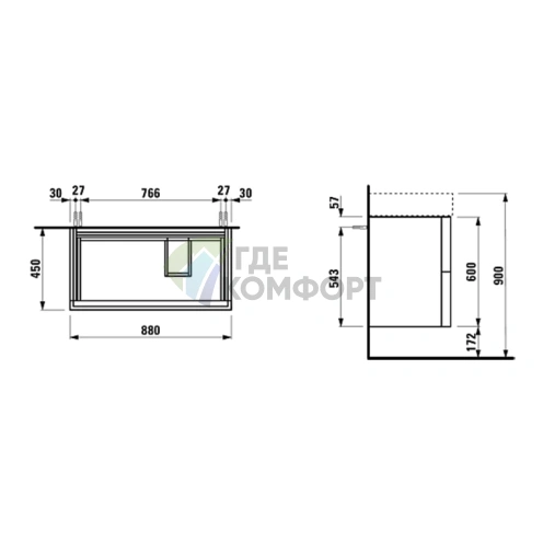 Тумба под раковину LAUFEN Kartell 880x450x600 мм с двумя ящиками, полкой и органайзером, белая матовая (4.0760.8.033.640.1) - фото 2