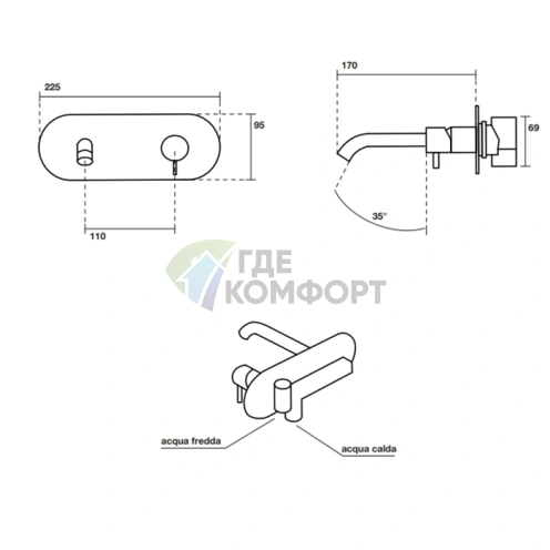 Встраиваемый смеситель Kerasan Nolita для раковины без донного клапана, хром (922890 cr) - фото 2