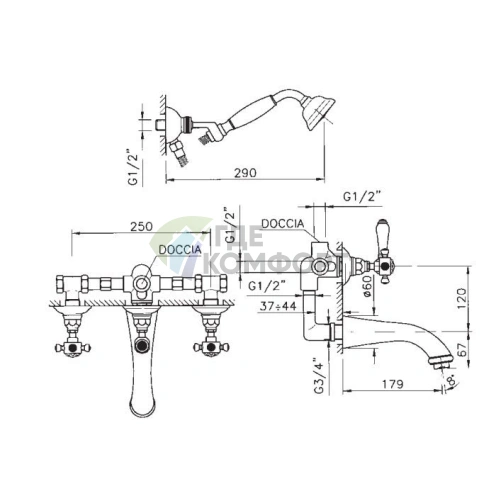 Смеситель для ванны Nicolazzi Le Pietre с двумя ручками, встроенный, включая душевой комплект, хром (2103CR09) - фото 2