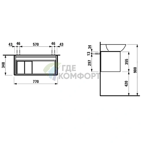 Тумба под раковину LAUFEN INO 8.1330 с выдвижным ящиком, 770x350x355 мм, белая матовая (4.2540.1.030.170.1) - фото 2