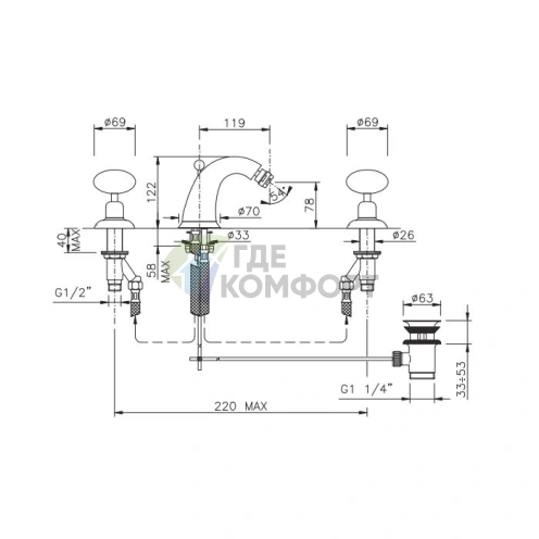 Смеситель для биде Nicolazzi Cristallo Di Rocca золотой на 3 отверстия (2115GO09C) - фото 2