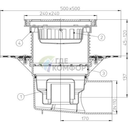 Трап HL615HSW с решеткой в подрамнике 226x226 мм-грязеуловителем-гидроизоляционным полотном и горизонтальным выпуском DN110 - фото 3
