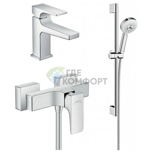 Смеситель Hansgrohe Metropol для ванной: комплект для душа и раковины с донным клапаном Push-Open - фото 1