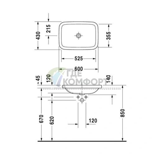 Раковина Duravit DuraStyle 430x430 мм: встраиваемая сверху без перелива, белая (372600000) - фото 2