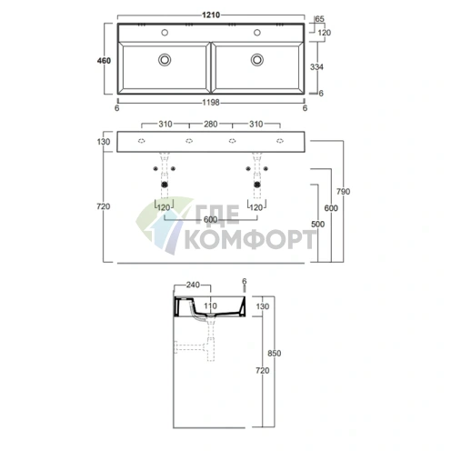 Подвесная двойная раковина SIMAS AGILE 121x46 см, матовый черный - фото 2