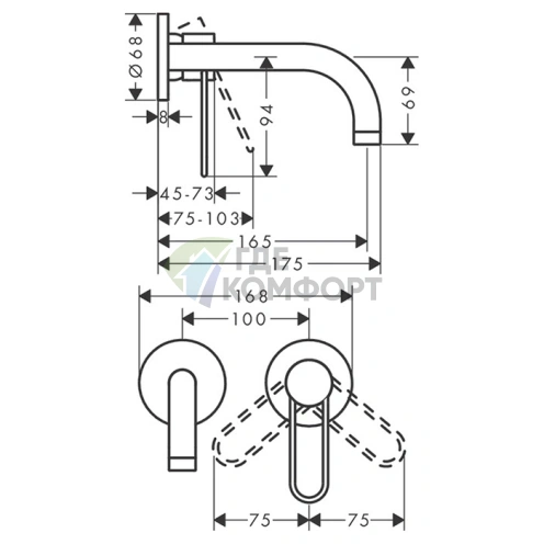 Встраиваемый смеситель AX Uno для раковины на 2 отверстия, хром (38121000) - фото 2