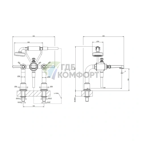 Смеситель для ванны GESSI VENTI20 с ручным душем, двухвентильный, цвет Brass PVD (65115#710) - фото 2