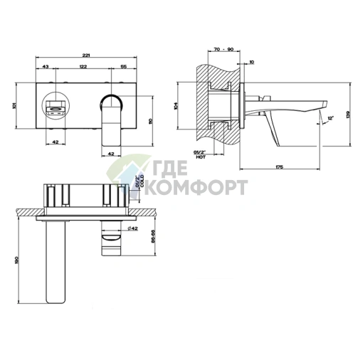 GESSI Rilievo Встраиваемый смеситель для раковины (излив 175 мм, цвет nero XL) (59092#299) - фото 2