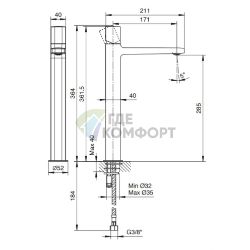 Смеситель Fantini Lame для раковины, 1 отверстие, излив 170 мм, хром (24 02 M006WF) - фото 2