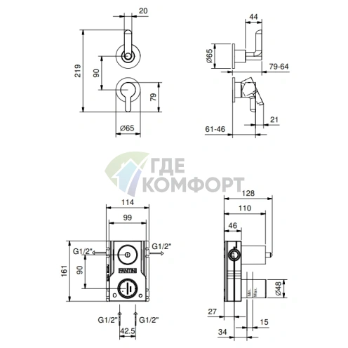 Смеситель для душа FANTINI ICONA DECO встраиваемый однорычажный в цвете Raw Metal PVD (53 Q8 R685B) - фото 2