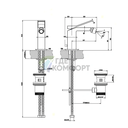 Смеситель для биде Gessi Rettangolo K: настенный, хром, с донным клапаном (53007#031) - фото 2