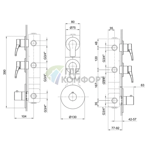 Сердцевина термостатического смесителя для душа Fantini 3/4, 2 входа (19 00 3902A) - фото 2