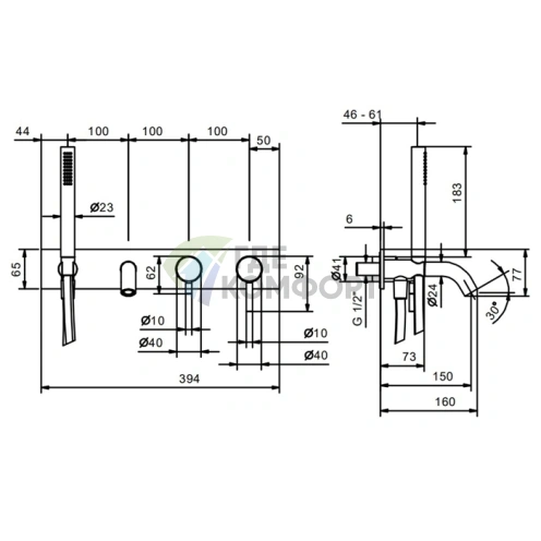 Встраиваемый смеситель для ванны Fantini Nostromo с ручным душем (нержавеющая сталь) (50 93 E820B) - фото 2