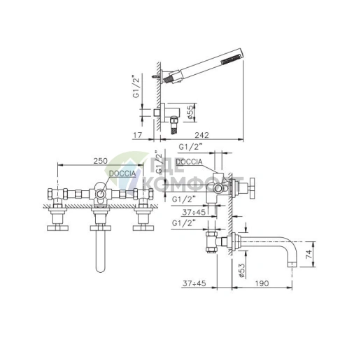 Смеситель для ванны Nicolazzi Mac Kinley 05 встроенный золото с комплектом ручного душа (2203GO29) - фото 2