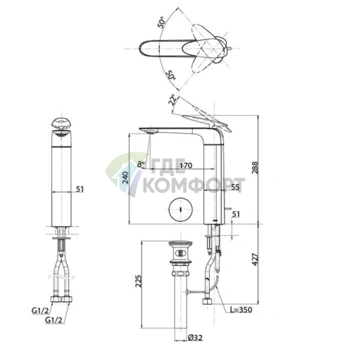 Высокий смеситель TOTO ZA для раковины на 1 отверстие со сливным клапаном, хром (TLP03301R) - фото 2