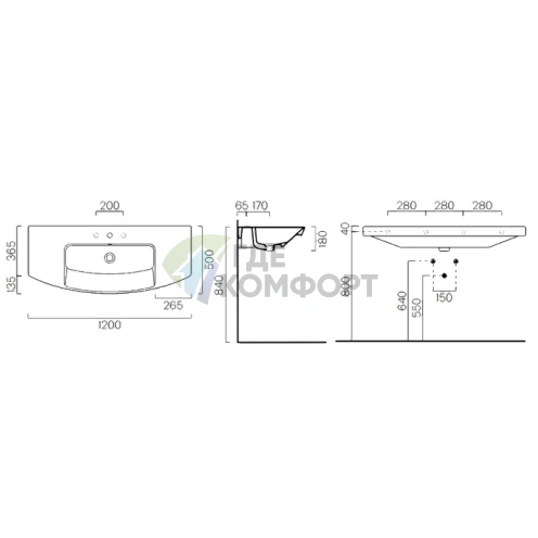Раковина GSI Modo 120x50 см с переливом, белая, с отверстием под смеситель - фото 2