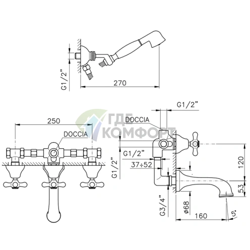 Встраиваемый трехвентильный смеситель для ванны Nicolazzi Nuova Brenta с душевой лейкой, хром (2503CR) - фото 2