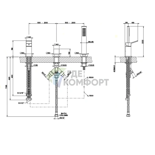 Gessi Rettangolo K смеситель для ванны с ручным душем и переключателем, хром (53043#031) - фото 2