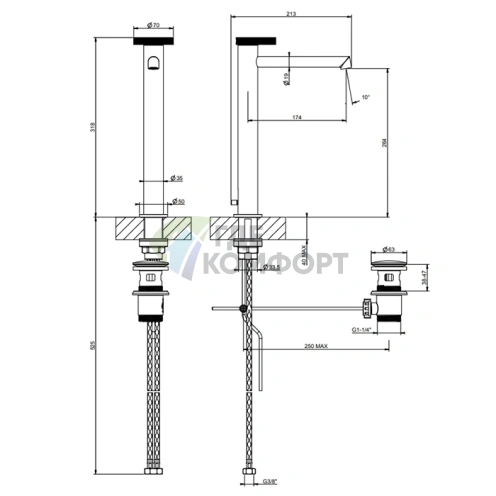 Смеситель Gessi Anello для раковины: высокий с длинным изливом, донный клапан, цвет Black XL (63305#299) - фото 2