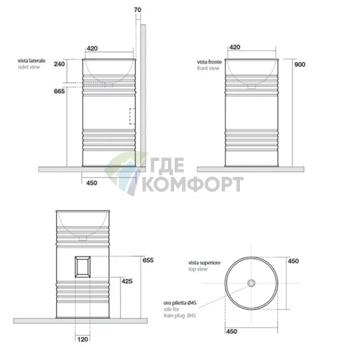 Раковина свободностоящая BARREL 45×90 см Kerasan Artwork (Bianco-platino) (474344) - фото 2