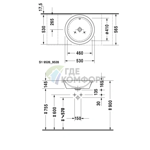 Накладная круглая раковина Duravit 530 мм без отверстия, с переливом, белая (447530000) - фото 4