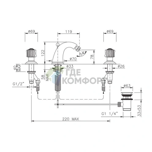 Смеситель для биде Nicolazzi Onice: золото, 3 отверстия, излив 119 мм (2115GO09O) - фото 2