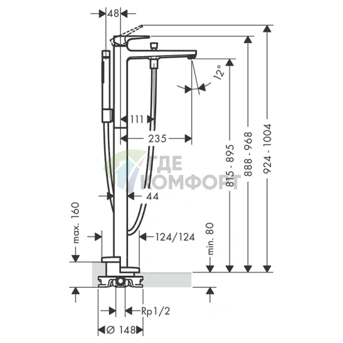 Hansgrohe Metropol Напольный смеситель для ванны с ручным душем в шлифованной бронзе (32532140) - фото 2