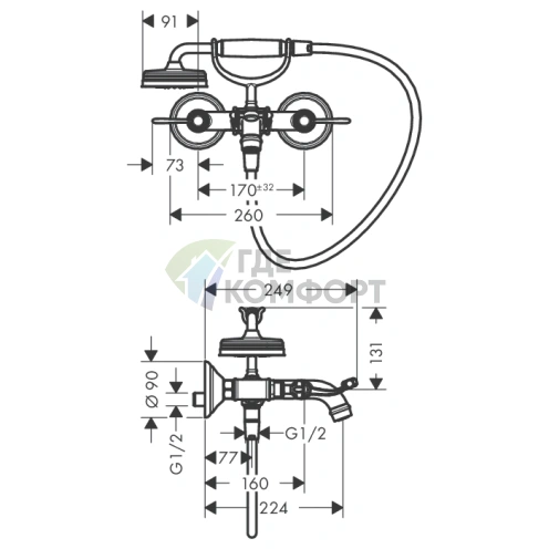 Смеситель для ванны AX Montreux с ручным душем и двумя рычагами в шлифованном никеле (16551820) - фото 2