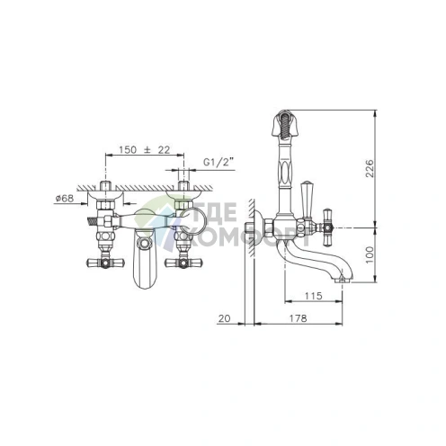 Смеситель для ванны с душем Nicolazzi Teide Four: настенный, 2 отверстия, излив 155 мм, хром (1901CR45) - фото 2