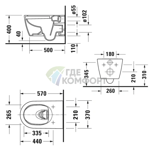 Унитаз подвесной Duravit ME by Starck безободковый 570×370 мм, покрытие HygieneGlaze, цвет белый шелковисто-матовый (2579099000) - фото 2