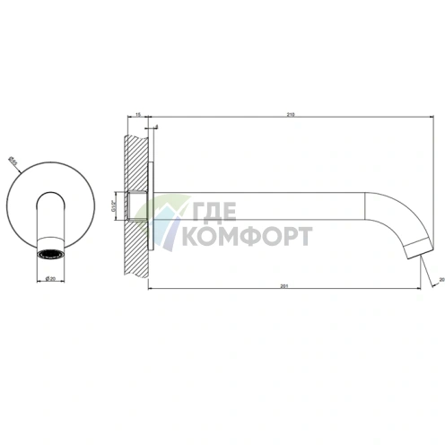 Настенный излив GESSI 316 200 мм, цвет Brushed Black Metal PVD (управление опционально) (54110#707) - фото 2