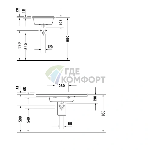 Раковина Duravit Starck 3 двойная 1300x485 мм с двумя отверстиями под смеситель и переливом, белый (865160000) - фото 6