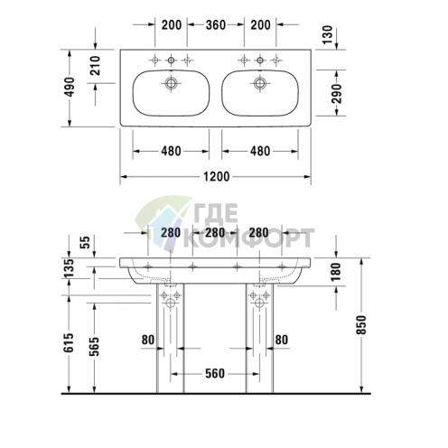Раковина Duravit D-Code двойная встраиваемая 1200x490 мм, белая (3481200602) - фото 2