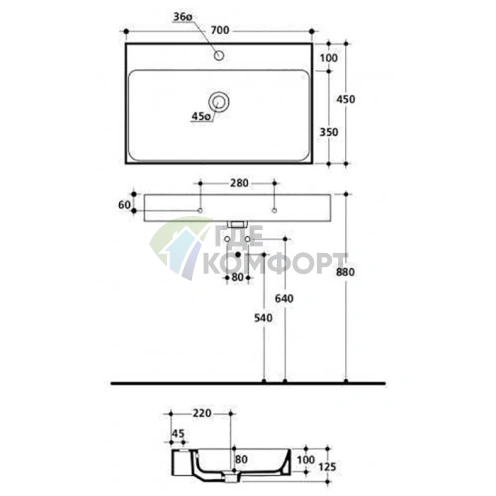 Раковина KERASAN CENTO 700x450 мм с переливом и отверстием для смесителя, белая матовая (353230) - фото 2