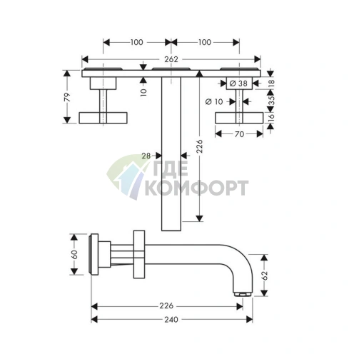 Встраиваемый смеситель AX Citterio для раковины на 3 отверстия с розетками, излив 226 мм, хром (39144000) - фото 2