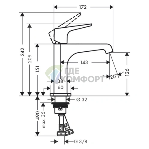 Смеситель для раковины AX Citterio E: на 1 отверстие, хром (36111000) - фото 2