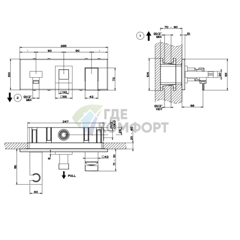 Gessi Rettangolo Встраиваемый Смеситель с Держателем Лейки, Черный (44911#299) - фото 2
