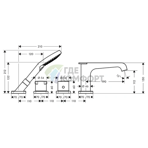 Смеситель для ванны AX Citterio E на 4 отверстия в цвете шлифованный никель (36411820) - фото 2