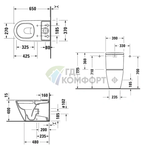 Бачок Duravit D-Neo 395x180 мм с двойным сливом 6/3 л, нижним подключением и покрытием WonderGliss, белый (9441000051) - фото 2