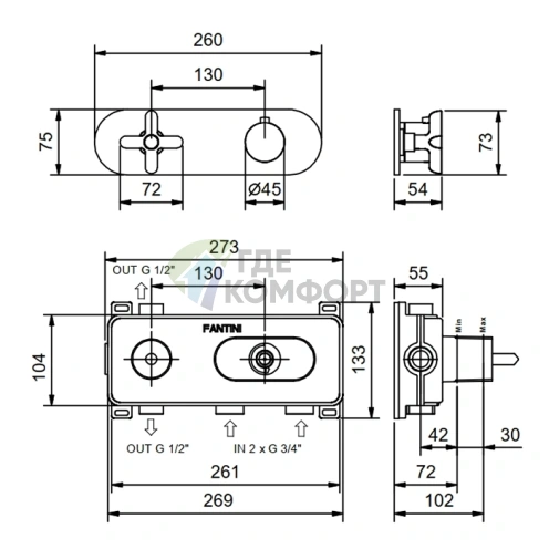 Термостатический встраиваемый смеситель для душа Fantini ICONA CLASSIC 3/4 (5302R772B) - фото 2