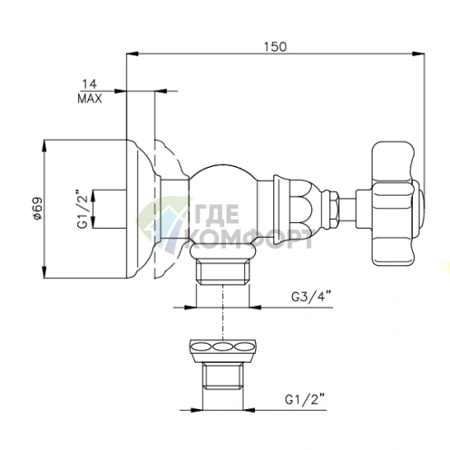 Запорный вентиль Nicolazzi для стиральной машины 3/4 с внутренней резьбой, хром (1447CR18) - фото 2