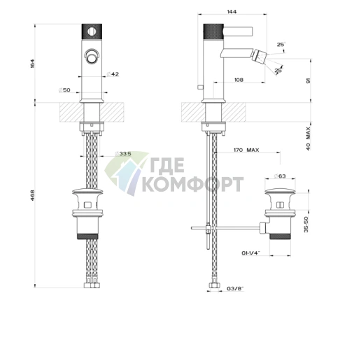 Смеситель для биде GESSI INCISO: настенный монтаж, донный клапан, цвет Black XL (58007#299) - фото 2