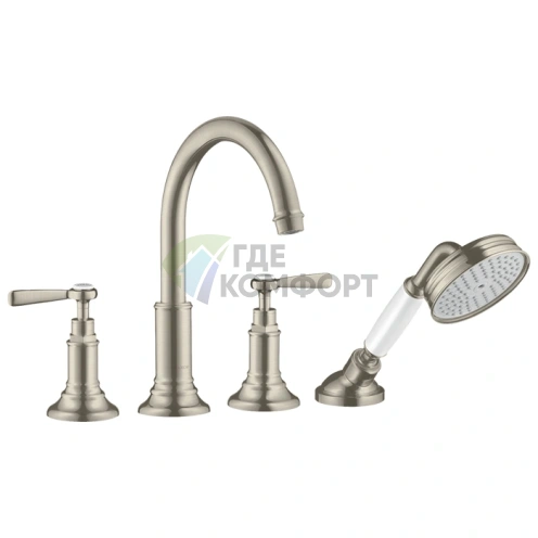 Смеситель для ванны AX Montreux с 4 отверстиями, рычажными рукоятками и ручным душем в шлифованном никеле (16550820) - фото 1