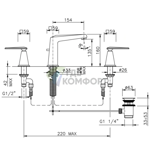 Смеситель для раковины Nicolazzi Margherita на 3 отверстия с изливом 154 мм в хромированном исполнении (1008CR38) - фото 2