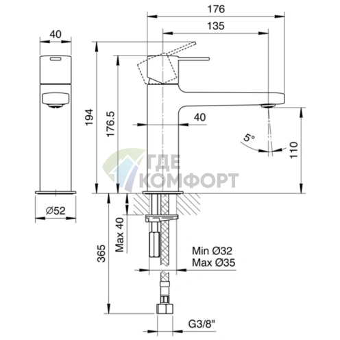 Смеситель для раковины Fantini Lame: однорычажный, для монтажа в одно отверстие, хром (24 02 M104WF) - фото 2