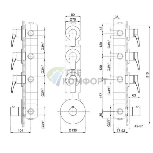 Термостатический смеситель для душа Fantini на 3 выхода с подключением 3/4 (19 00 3903A) - фото 2
