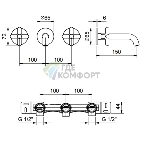 Смеситель для раковины Fantini Icona Classic встраиваемый трехдырковый без донного клапана (хром) (53 02 R010B) - фото 2